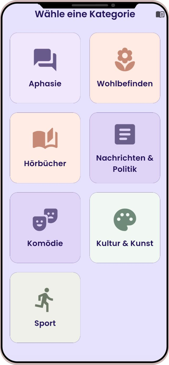 The Milo category screen, offering topics such as aphasia, wellbeing, audiobooks, news, comedy, culture and sport.