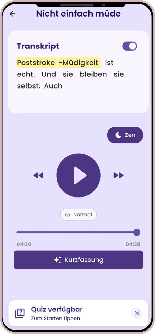 The Milo listening screen: a transcript with highlighted words, playback controls, a speed setting and a short-summary button.